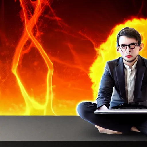 Image similar to a demon ~ using a laptop ~ lava background ~ sitting on a chair ~, 4 k, ultra hd