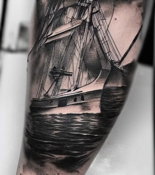 Prompt: A realistic tattoo design of a pirate ship, white background, black and white, highly detailed tattoo, realistic tattoo, realism tattoo, beautiful shades