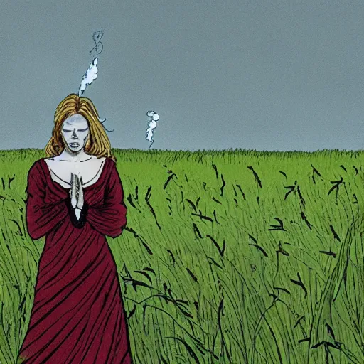 Image similar to The illustration depicts a woman standing in a field of ashes, her dress billowing in the wind. Her hair is wild and her eyes are closed, and she seems to be in a trance-like state. The illustration is dark and atmospheric, and the ashes in the field seem to be almost alive, swirling around. by Charles Vess hyperdetailed