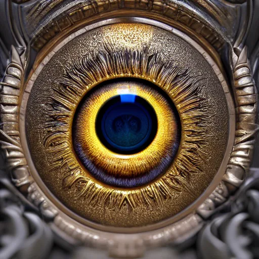 Image similar to The eye of god Rah, intricate, ornate, photorealistic, ultra detailed, gold, octane render, high definition, depth of field, bokeh, 8k, artstation