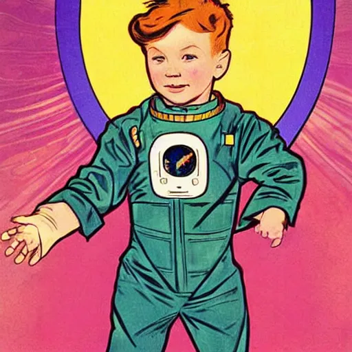 Image similar to a cute little boy with a mischievous face and short ginger hair. he is dressed as an astronaut. well composed, clean elegant painting, beautiful detailed face. comic book art by steve ditko and jack kirby and ( alphonse mucha )