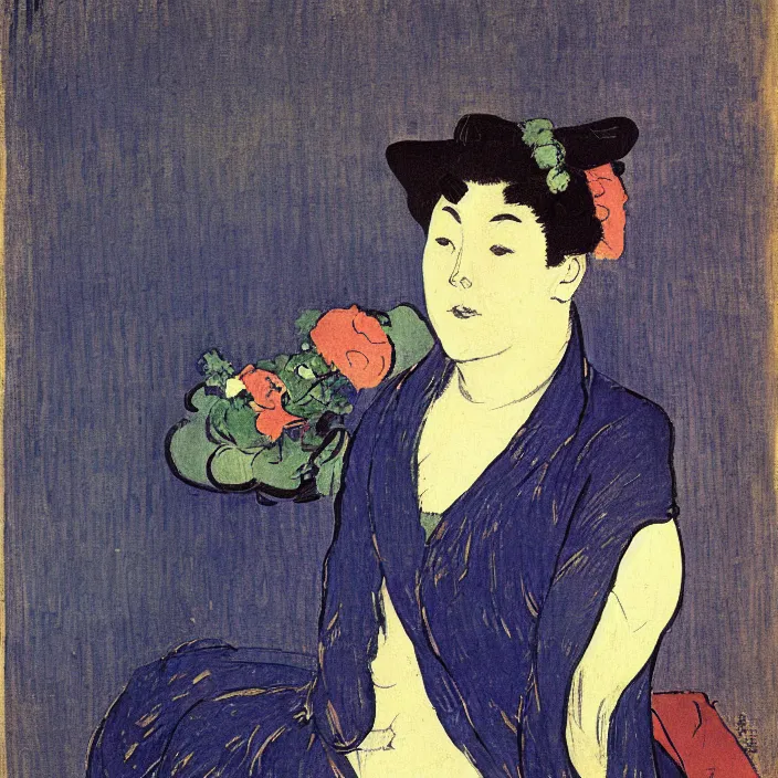 Image similar to woman with painted vase. deep dark indigo blue. henri de toulouse - lautrec, utamaro, matisse