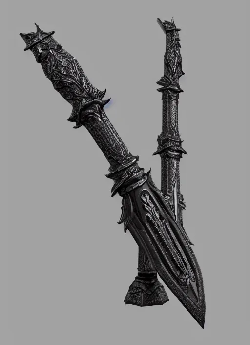 Image similar to a black long sword skull crest, orthographic, ornament, weapon, a 3 d render by dom qwek, front side full, trending on polycount, artstation, hard surface modeling, rendered in maya, 3 ds max, blender, hd, vray, berserk first person view, symmetry