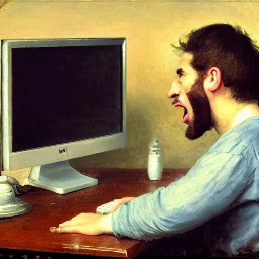 Prompt: an angry man yells at his computer monitor, oil on canvas, 1 8 8 3, highly detailed, high resolution