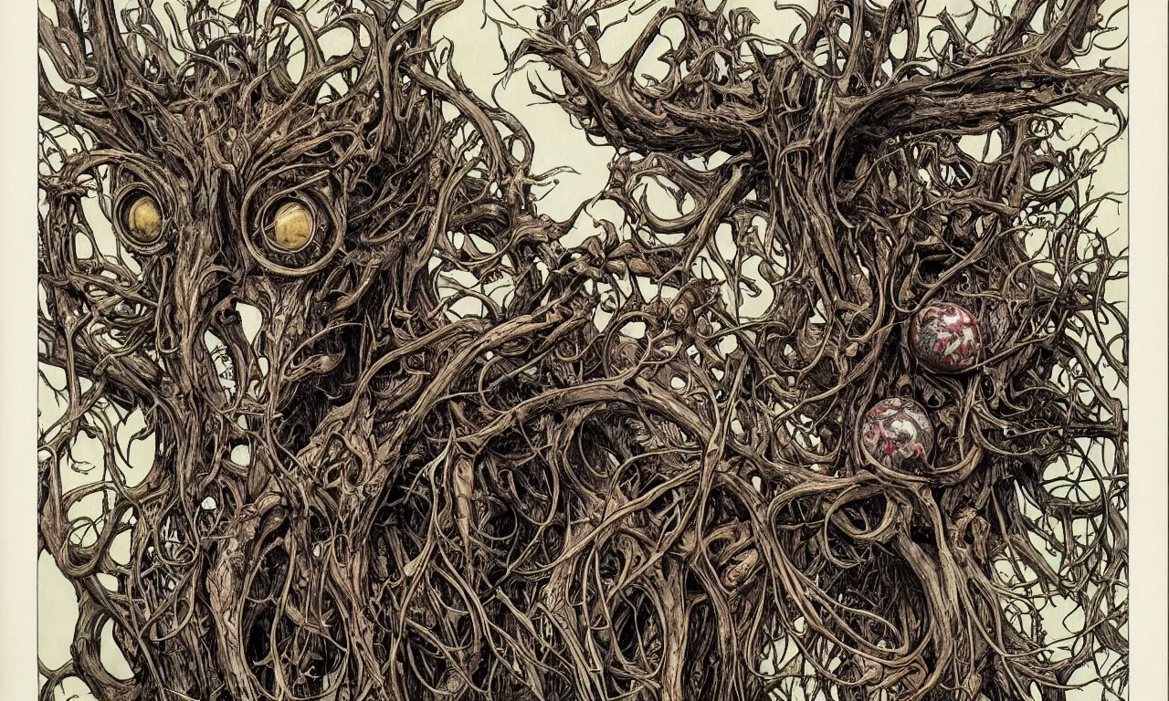 Prompt: hyperdetailed art nouveau portrait of treebeard as a cthulhu eyeball moose skull wendigo cryptid monster, by geof darrow, simon bisley and bill sienkiewicz, grim yet sparkling atmosphere, photorealism, claws, skeleton, antlers, fangs, forest, wild, bizarre, horror, lynn varley, lovern kindzierski, steve oliff