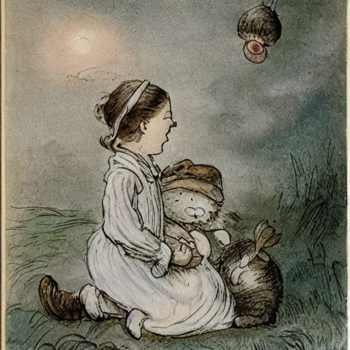 Image similar to candid portrait of floating white ball with face smiling eyes closed, surrounded by clouds, illustrated by peggy fortnum and beatrix potter and sir john tenniel