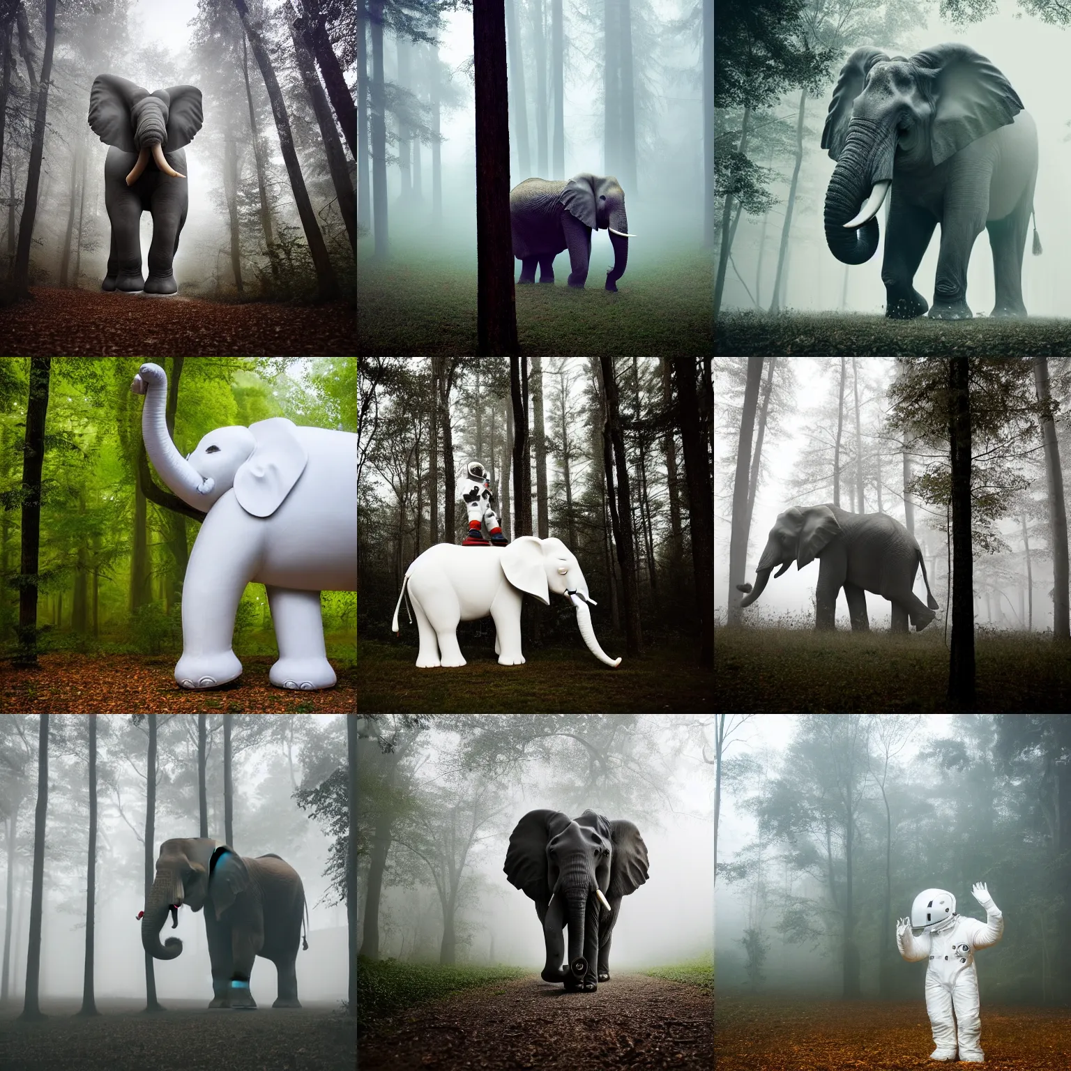 Prompt: giant elephant wearing white spacesuit with oversized helmet, in the woods, foggy mood, overcast bokeh - c 8