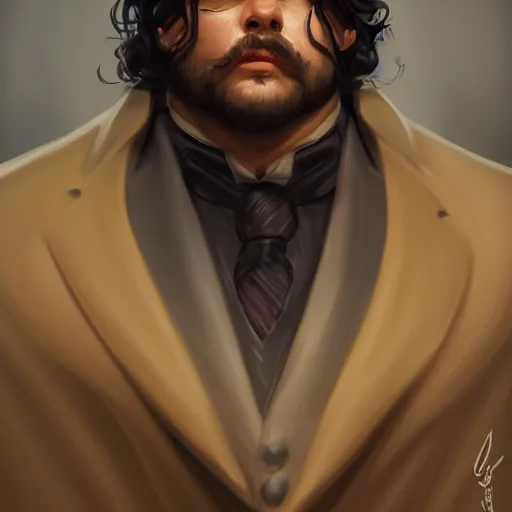 Prompt: a portrait of a short fat man with long curly black hair and a brown suit, D&D, sci-fi, elegant, hopeful, muscular, highly detailed, digital painting, artstation, concept art, smooth, sharp focus, illustration