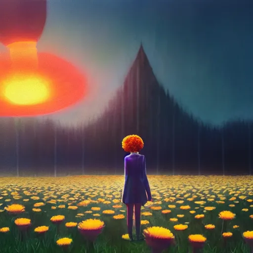 Image similar to giant daisy flower over head, frontal, a girl in a suit, surreal photography, sunrise, dramatic light, impressionist painting, digital painting, artstation, simon stalenhag