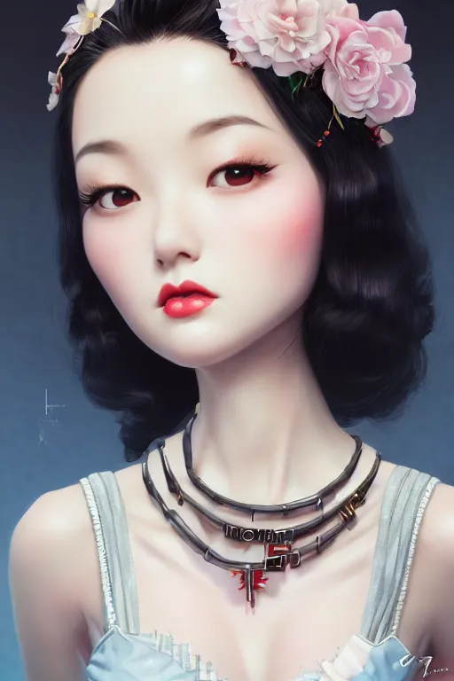 Image similar to a pin up and beautiful fashion and charming and dreamlke japan girl with jewelry, art by artgerm & jeehyung lee & wlop, hyperdetailed, 8 k realistic, lv, dior, symmetrical, frostbite 3 engine, cryengine, dof, trending on artstation, digital art, lv, dior