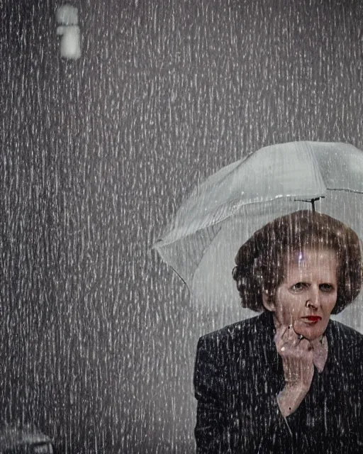Image similar to margaret thatcher drenched in torrential rainstorm, full body, atmospheric moody hyper realistic award winning color cinematic still 8 k