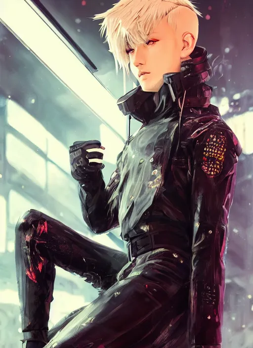 Prompt: full body shot of beautiful blonde teenage boy rouge assassin, wearing cyberpunk intricate techwear clothing, beautiful, detailed portrait, cell shaded, 4 k, concept art, by wlop, ilya kuvshinov, artgerm, krenz cushart, greg rutkowski, pixiv. cinematic dramatic atmosphere, sharp focus, volumetric lighting, cinematic lighting, studio quality