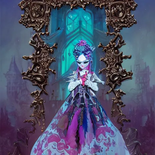 Image similar to baroque bedazzled gothic royalty frames surrounding a watercolor portrait of monster high draculaura doll, stephen bliss, unreal engine, by greg rutkowski, loish, rhads, makoto shinkai and lois van baarle, ilya kuvshinov, rossdraws, global illumination, radiant light, detailed and intricate environment, watercolor lighting