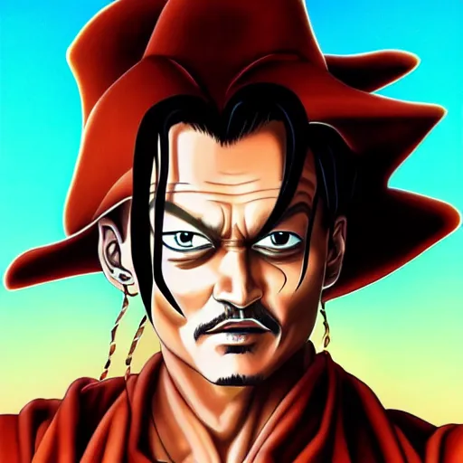 Prompt: portrait painting of johnny depp, art by akira toriyama, 4 k, dragon ball artstyle, cel shaded, highly detailed, epic lighting