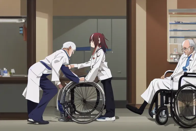 Image similar to a cute young female doctor wearing white coat are serving an old man in a wheelchair in a hospital ward, slice of life anime, cinematic, realistic, anime scenery by Makoto shinkai