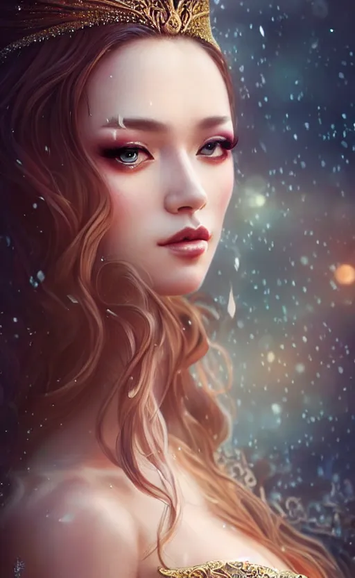 Image similar to a fantasy photo of gorgeous russian female, evening gown, bokeh, medium shot, beautiful face, professionally retouched, soft lighting, realistic, smooth face, perfect eyes, sharp focus, 8 k realistic high definition, insanely detailed, intricate, elegant, art by artgerm and kyoung hwan kim