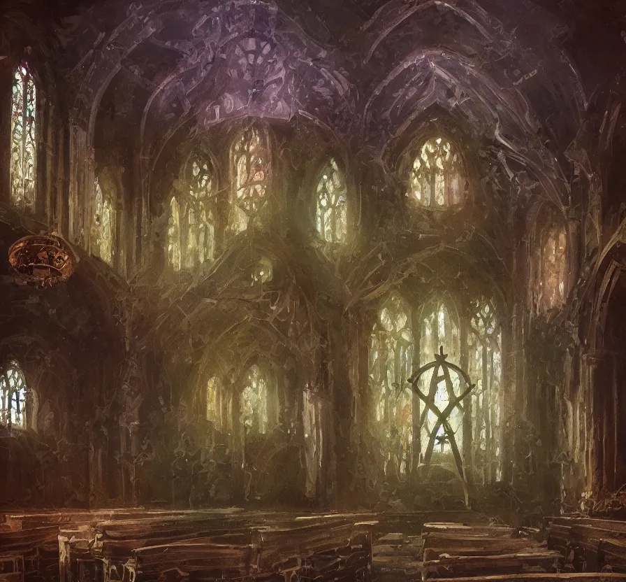 Prompt: inside old church with sage mage casting pentagram spell, dark colors, acrilic paint, brush paint, heavenly atmosphere, paint, ultra detailed, beautiful image, resolution, artstation