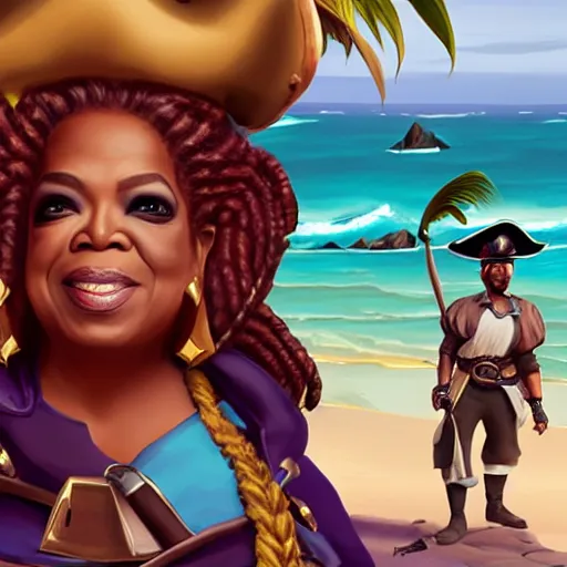 Image similar to Oprah as a pirate in the game Sea of thieves, digital art, trending on artstation