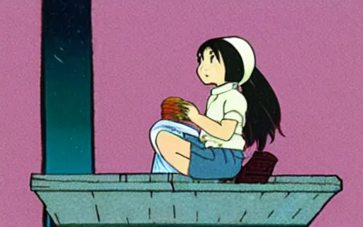 Image similar to a girl sitting on the roof of a building eating a sandwich, art by hayao miyazaki, studio ghibli film,