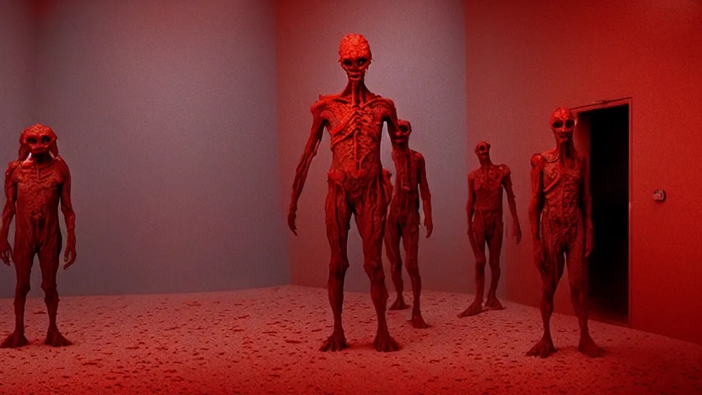 Prompt: the creature at the doctor's office, made of glowing wax and blood, they stare at me, film still from the movie directed by denis villeneuve and zdzisław beksinski with art direction by salvador dali, wide lens