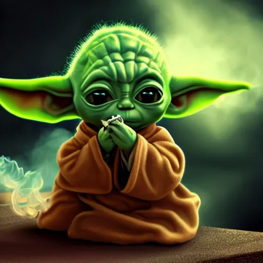 Image similar to digital illustion of baby yoda smoking a hooka, deviantArt, artstation, artstation hq, hd, 4k resolution