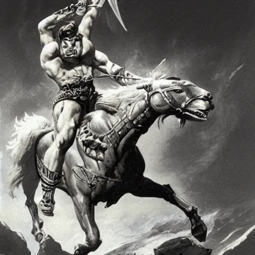 Prompt: barbarian warrior riding a chariot by Boris Vallejo and Frank Frazetta