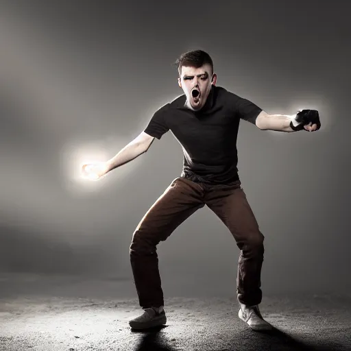 Prompt: professional photographic image of young angry man trying to fight to himself, studio shot, dynamic lighting, high definition, highly detailed, photo-realistic, unreal engine render, 16k