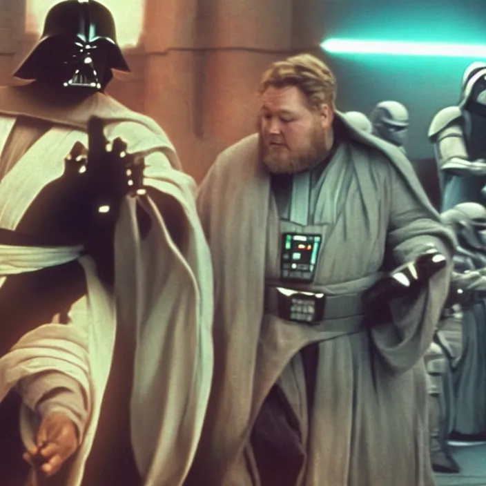 Image similar to obi wan kenobi but obese!! and overweight fighting a fat and obese darth vader, photoralistic rendering, movie still, screenshot, hyperdetailed