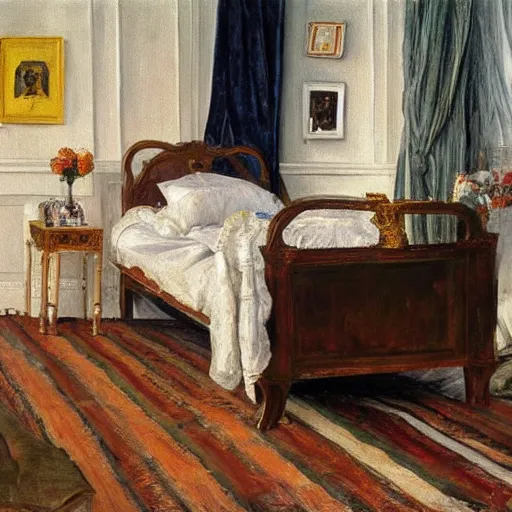 Image similar to painting of emma stone!!! on a victorian bed in a big old room, wide shot by lucian freud