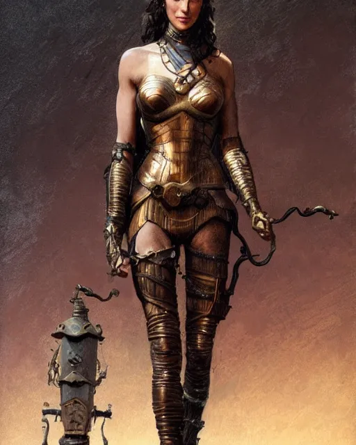 Image similar to highly detailed steampunk gal gadot standing, bronze age : leonardo da vinci, greg rutkowski, magali villeneuve