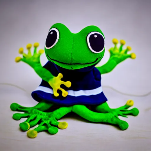 Image similar to frog wearing a sailor suit, plushie photography,