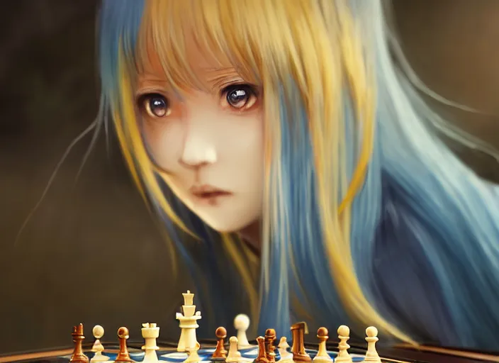 Image similar to rimuru playing chess, with amber eyes of golden colored eyes, straight hair, sky blue hair, long bangs, high collar, concept art, award winning photography, digital painting, cinematic, by wlop, anime key visual, wlop, 8 k, by ross tran, tom bagshaw, andy warhol