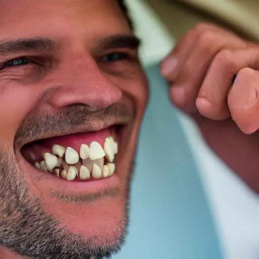 Image similar to a man without teeth smiles literally ear to ear