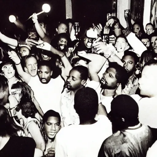 Image similar to photo of people partying in the 1990's. 2pac is the main focus of the photo, he is the main focus.