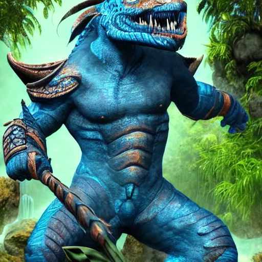 Image similar to A dragonborn with blue scales in a rainforest, trending on artstation, digital art