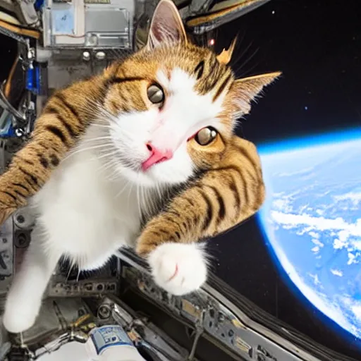 Image similar to Photo of a cat floating inside the ISS, realistic award-winning