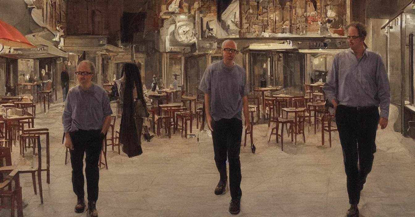 Prompt: todd solondz, high quality high detail image of todd solondz walking with a friend in an empty caffe bar in tel aviv street, clear sharp face of todd solondz, night, by lucian freud and gregory crewdson and francis bacon, hd, photorealistic lighting