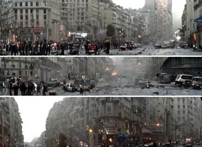 Prompt: awesome scene from the movie Inception where things explode in a street in Paris, Hollywood movie still