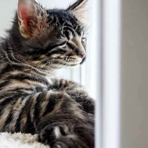 Prompt: a fluffy, brindle kitten sleeping near the window of a cozy, white bedroom, during a sunny morning, realistic