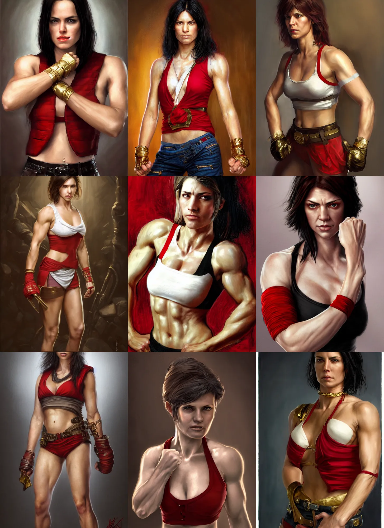 Prompt: a portrait a woman in her 2 0 s, attractive, muscular, wearing red sleeveless vest with gold lining, smirking, white bandages on fists, black hair, short - medium length hair, serious, style by donato giancola, wayne reynolds, jeff easley dramatic light, high detail, cinematic lighting, artstation, dungeons and dragons