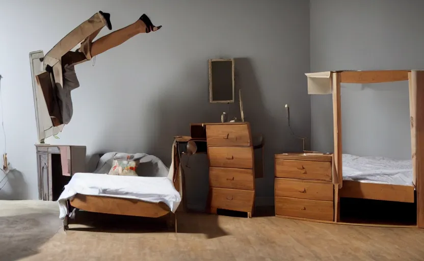 a bedroom with all of the furniture turned upside Stable Diffusion