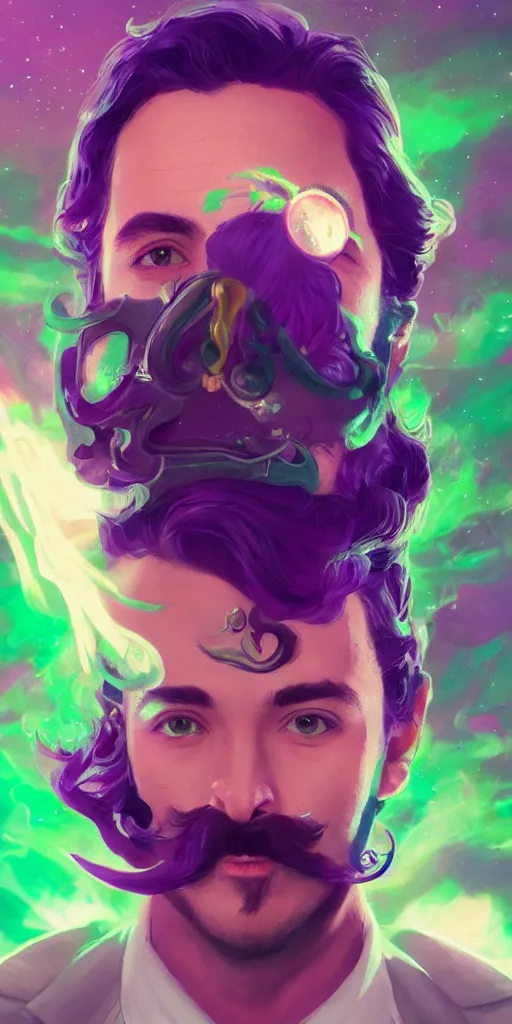 Image similar to a young male wizard with a salvador dali moustache in space, green and purple colors, volumetric lighting, greg rutkowski, artstation, 8k