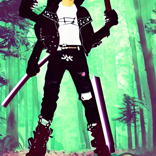 Image similar to punk aesthetic demon in 8 0 s clothing using nunchucks to fight ghosts in a forrest hellscape.