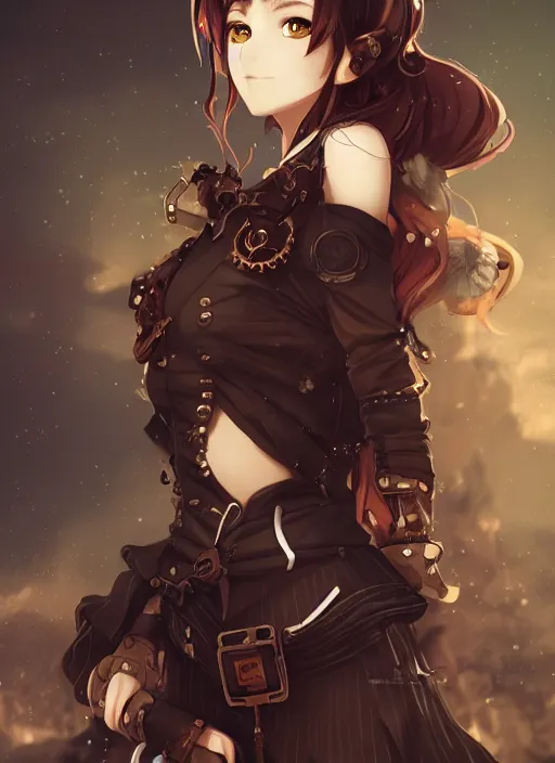 Image similar to steampunk themed anime girl with a steampunk robotic crow on her shoulder, finely detailed, portrait, beautiful, cinematic lighting, made by wlop, artgerm, illustration