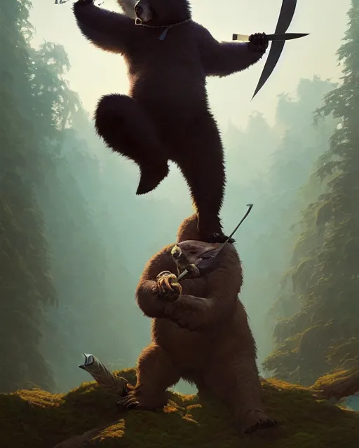 Image similar to highly detailed surreal vfx portrait of a ninja bear holding an axe, stephen bliss, unreal engine, greg rutkowski, loish, rhads, beeple, makoto shinkai and lois van baarle, ilya kuvshinov, rossdraws, tom bagshaw, alphonse mucha, global illumination, detailed and intricate environment