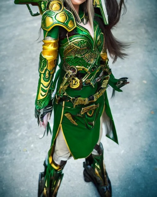 Image similar to a beautiful elf ranger with long hair and green eyes, no helmet, wearing green and gold futuristic mecha armor, with ornate rune carvings and glowing lining, very detailed, shot in canon 50mm f/1.2