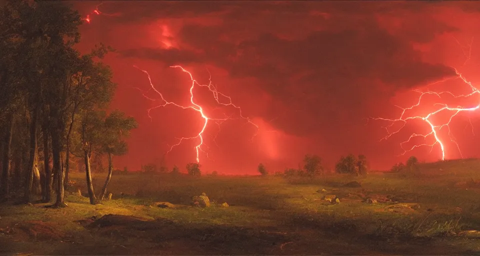 Prompt: red glow, windy, by eugene von guerard, ivan shishkin, night, lightning!!, storm!, dramatic lighting, concept art, trending on artstation, 8 k