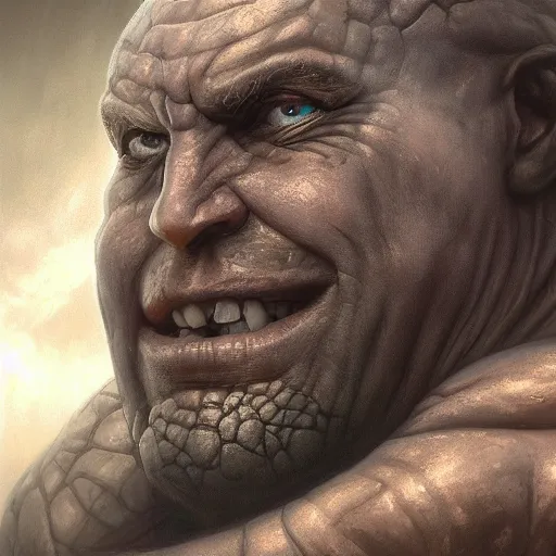 Image similar to closeup portrait shot of olivier richters as destruction of the endless, the sandman, herculean thanos, conan the barbarian, highly detailed, digital painting, artstation, concept art, soft focus, depth of field, artgerm, tomasz alen kopera, peter mohrbacher, donato giancola, wlop, boris vallejo