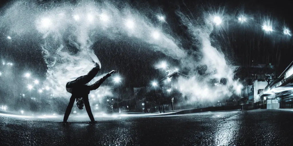 Image similar to fisheye lens slow motion with trail effect of futuristic break dancer wearing floating long dress with neon lights, long exposure shot , at night in the middle of a rainy street, paddle of water, steam, fog, water splashes, rim lights, glossy reflections, water droplets on lens, octane render, dark and dramatic, explosions in the background, detailed and soft, fisheye lens, smooth, sharp focus, illustration, art by artgerm and greg rutkowski and Makoto shinkai