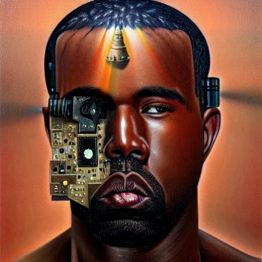 Image similar to a realistic oil painting of a cybernetic kanye west cyborg, surrealism portrait, post apocalyptic album cover